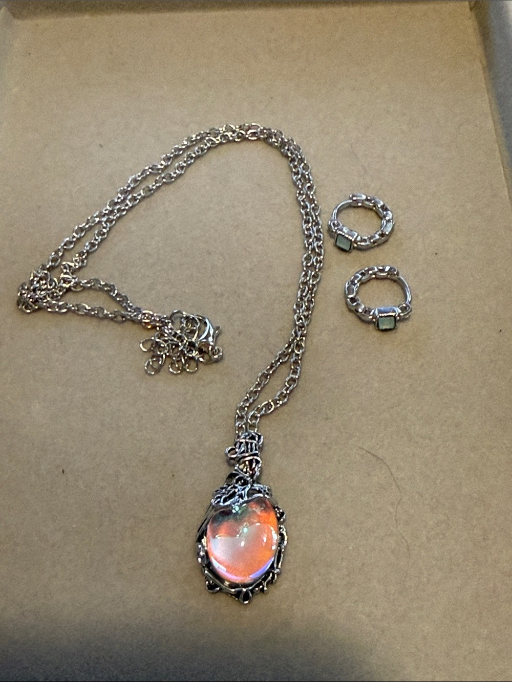 Silver Heart Pendant Necklace with Pink Opalescent MoonStone